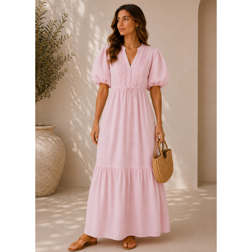 Maxi Φόρεμα με Πιέτες & Balloon Μανίκια Pink