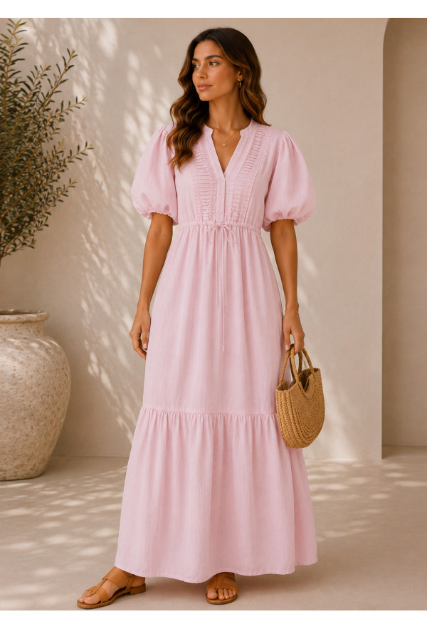 Maxi Φόρεμα με Πιέτες & Balloon Μανίκια Pink