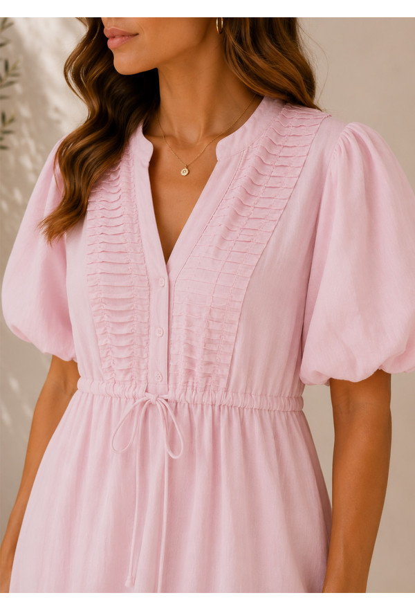 Maxi Φόρεμα με Πιέτες & Balloon Μανίκια Pink