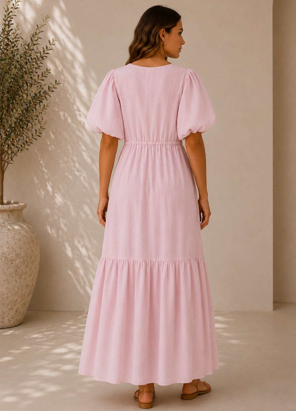 Maxi Φόρεμα με Πιέτες & Balloon Μανίκια Pink