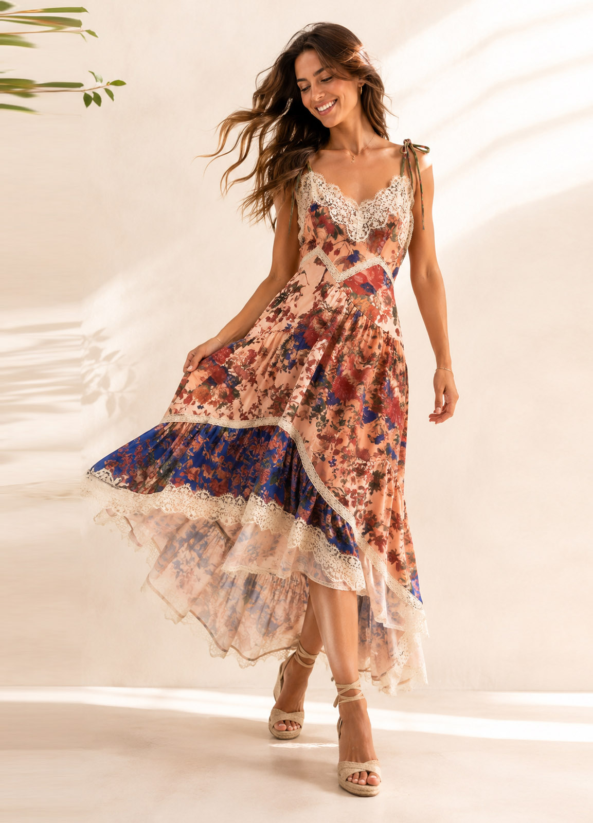Maxi Ασύμμετρο Φόρεμα με Δαντέλα & Floral Print