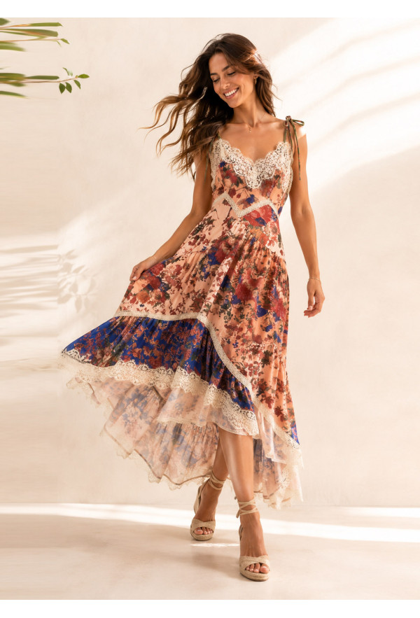Maxi Ασύμμετρο Φόρεμα με Δαντέλα & Floral Print
