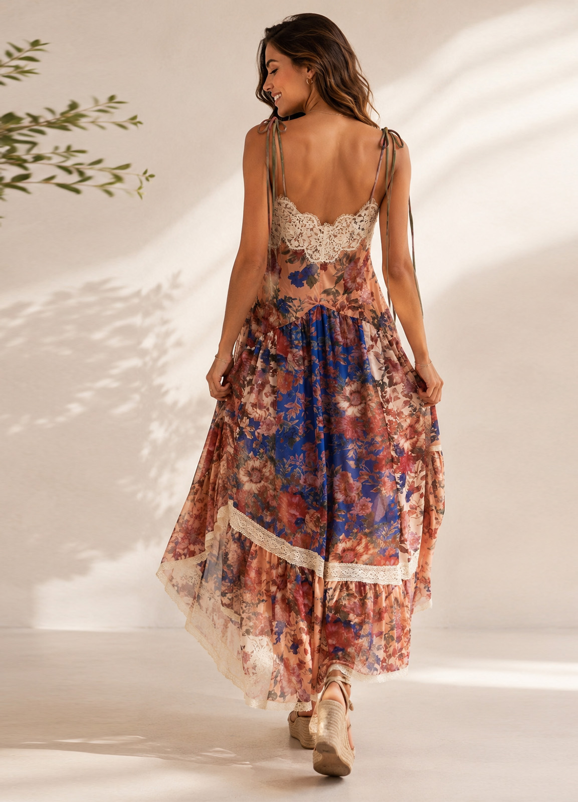 Maxi Ασύμμετρο Φόρεμα με Δαντέλα & Floral Print
