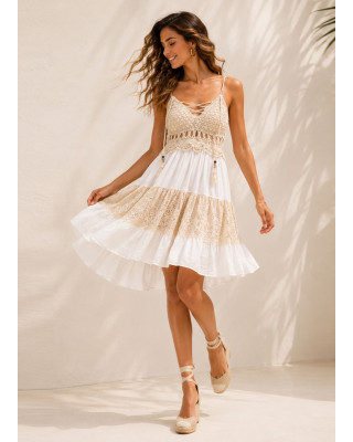 Κοντό Boho Φόρεμα με Πλεκτό Μπούστο & Δαντελένιες Λεπτομέρειες