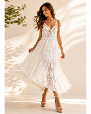 Μακρύ Δαντελένιο Φόρεμα με Χάντρες & Boho Λεπτομέρειες 