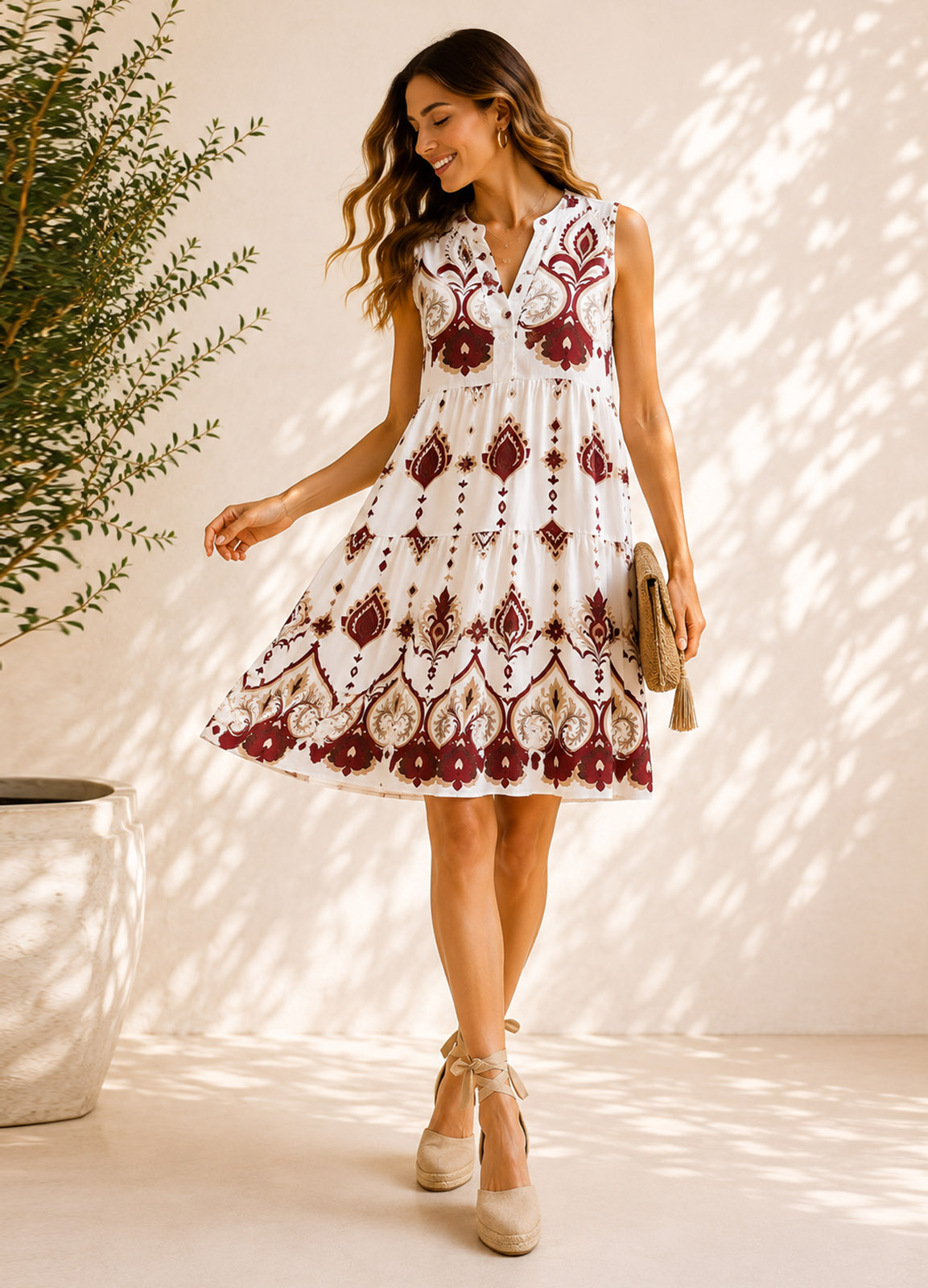 Midi Αμάνικο Φόρεμα Ethnic Print Bordo