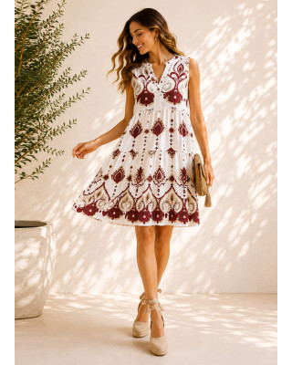 Midi Αμάνικο Φόρεμα Ethnic Print Bordo