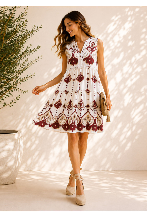 Midi Αμάνικο Φόρεμα Ethnic Print Bordo