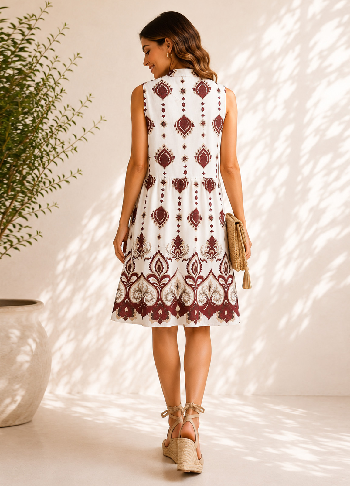 Midi Αμάνικο Φόρεμα Ethnic Print Bordo
