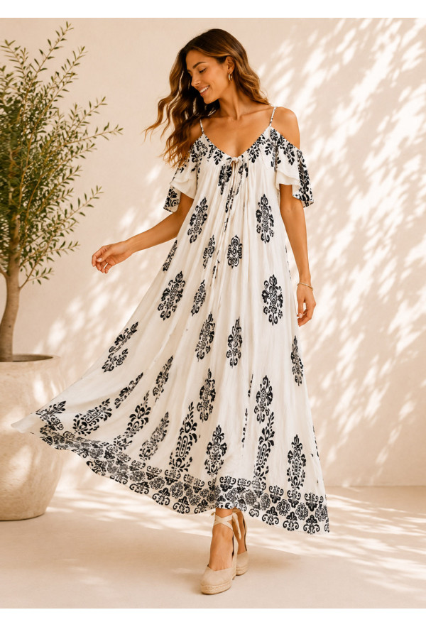 Maxi Φόρεμα Boho με Off-Shoulder Μανίκια & Ασπρόμαυρο Ethnic Print