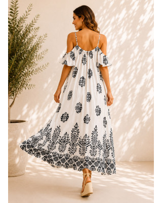 Maxi Φόρεμα Boho με Off-Shoulder Μανίκια & Ασπρόμαυρο Ethnic Print