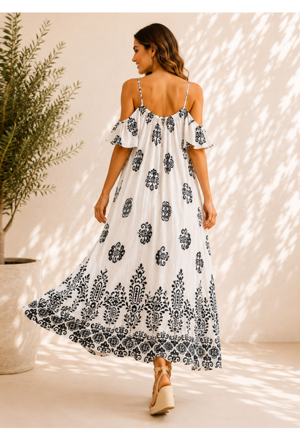 Maxi Φόρεμα Boho με Off-Shoulder Μανίκια & Ασπρόμαυρο Ethnic Print