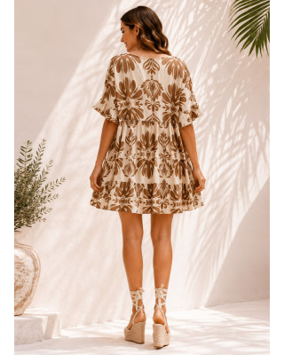 Mini Φόρεμα με Μοτίβο & V Λαιμόκοψη Beige
