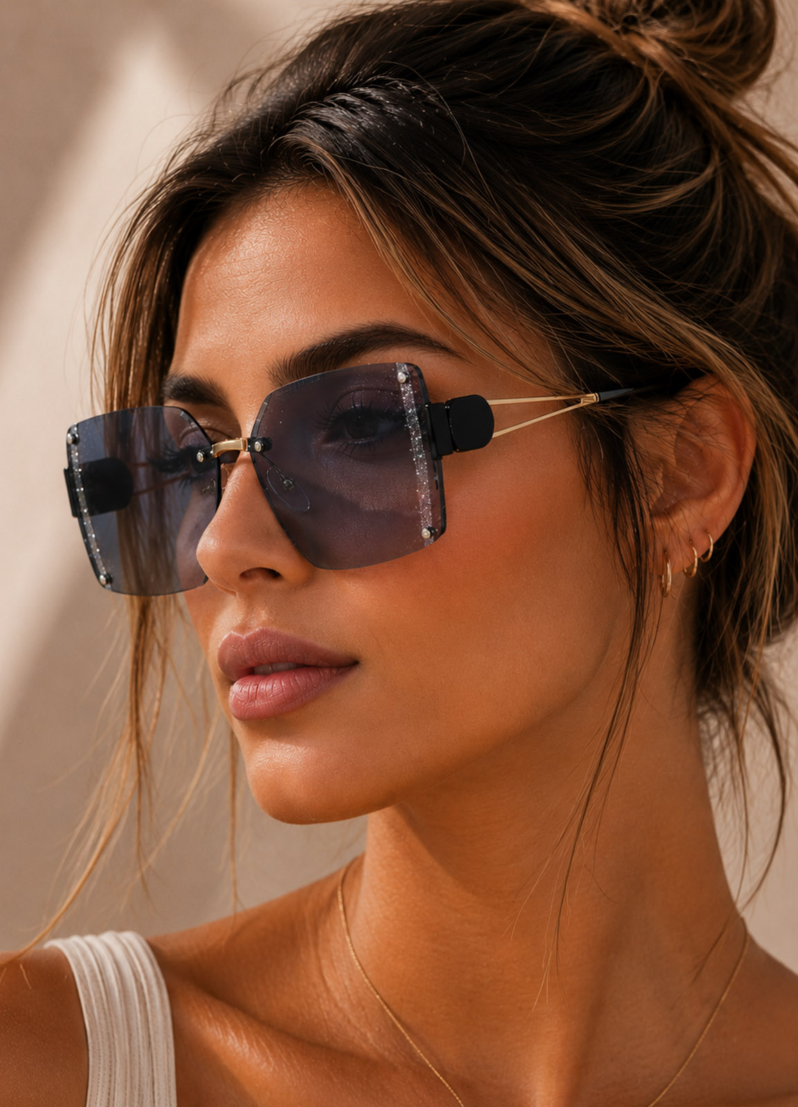 Γυαλιά Ηλίου Rimless με Glitter Λεπτομέρεια – Black