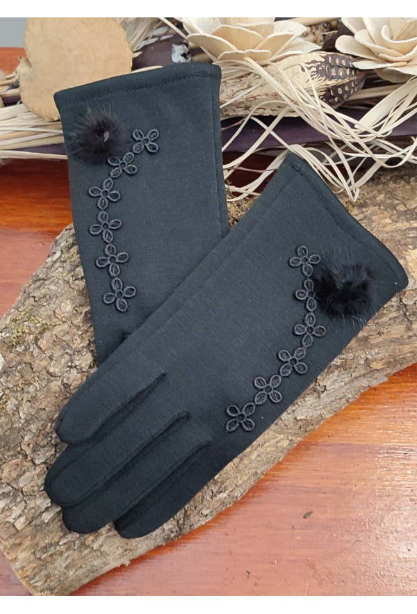 Γάντια Μαύρα με Κέντημα και γούνα
