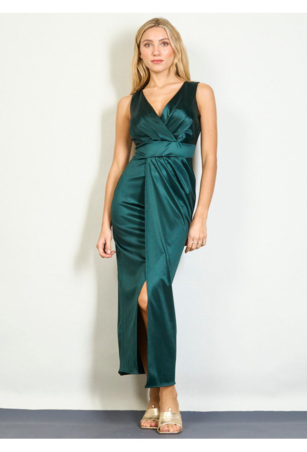 Teal Long Satin Croise Dress