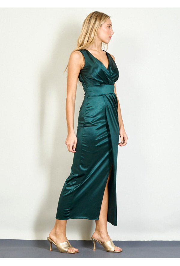 Teal Long Satin Croise Dress