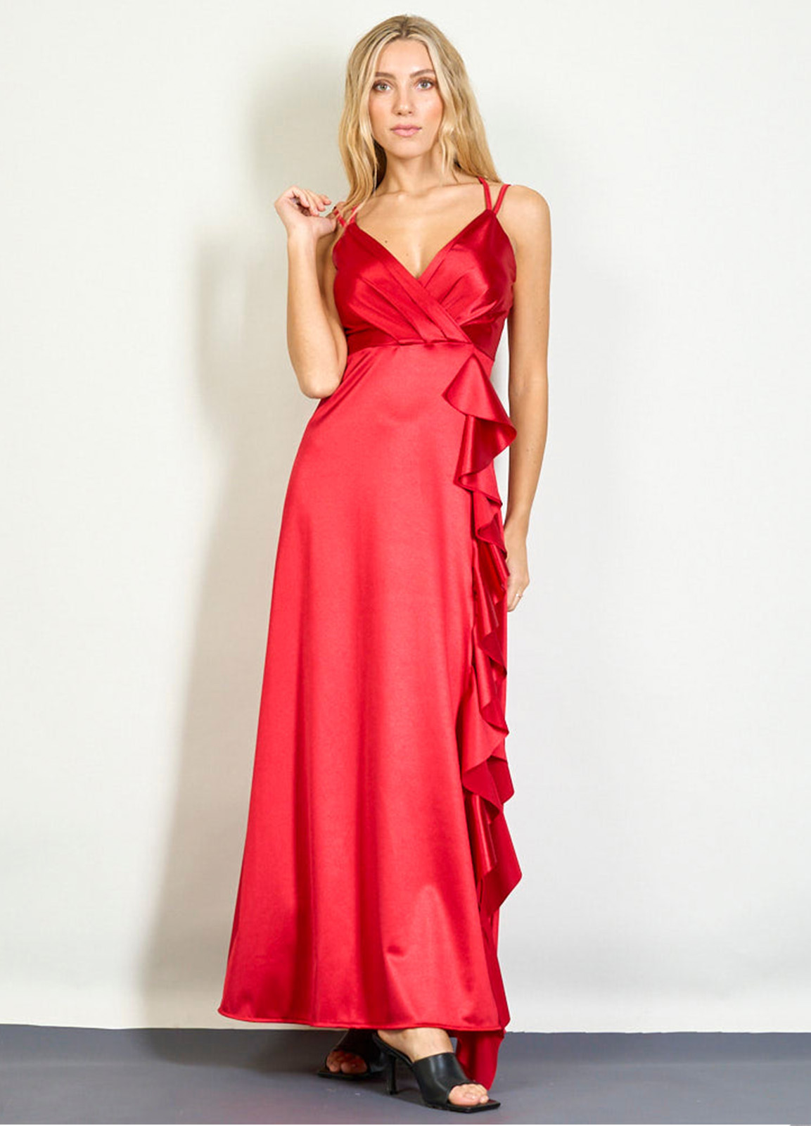 Φόρεμα Μακρύ Σατέν Βολάν Red