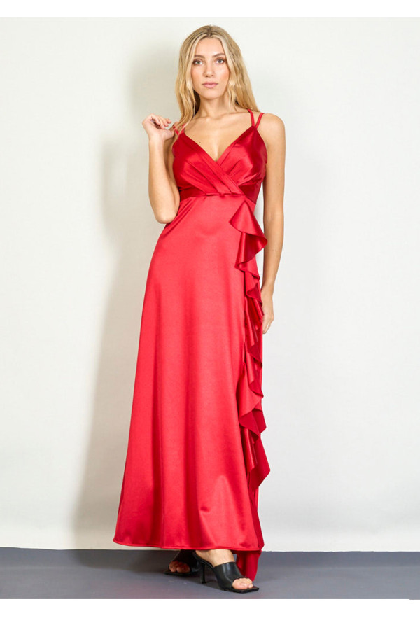 Φόρεμα Μακρύ Σατέν Βολάν Red