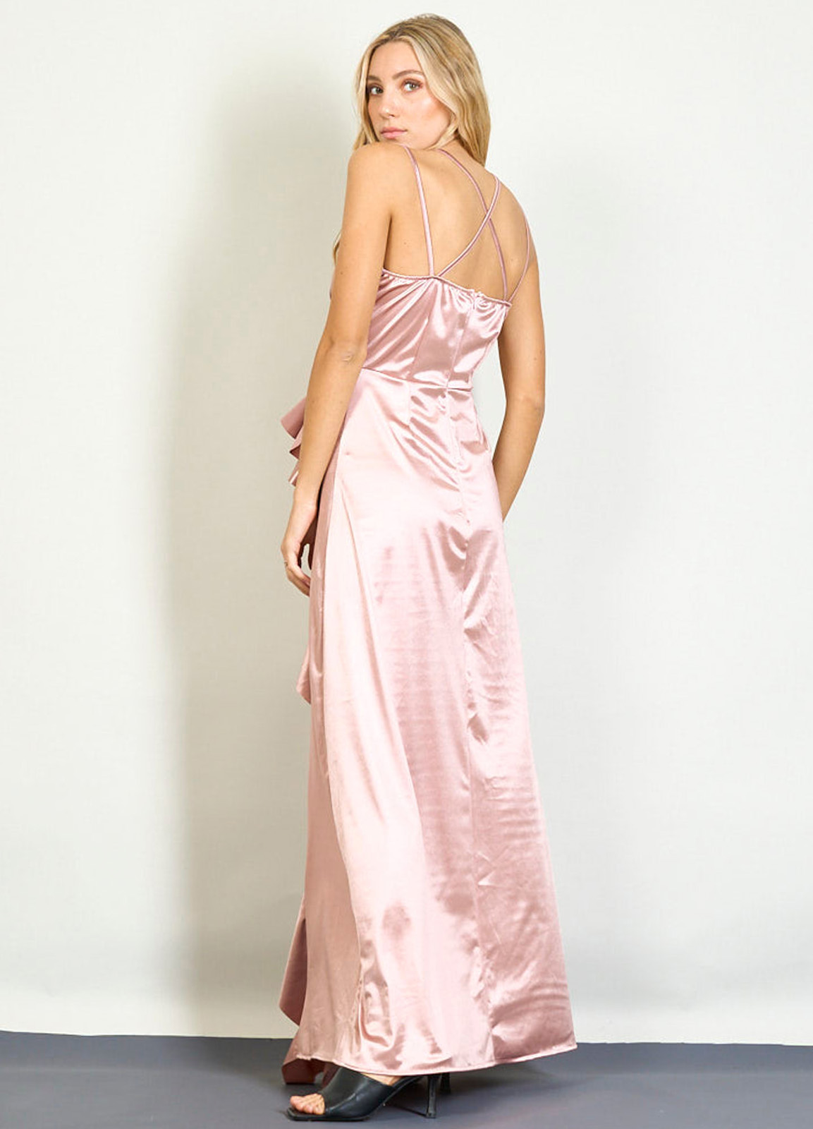 Φόρεμα Μακρύ Σατέν Βολάν Pink