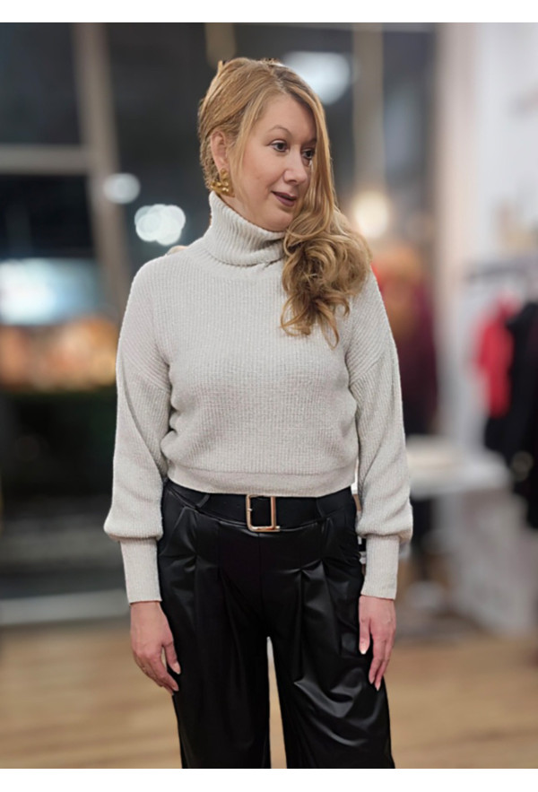 Πλεκτή Crop Μπλούζα Ζιβάγκο με Φαρδύ Μανίκι – Off White με Ασημί Lurex