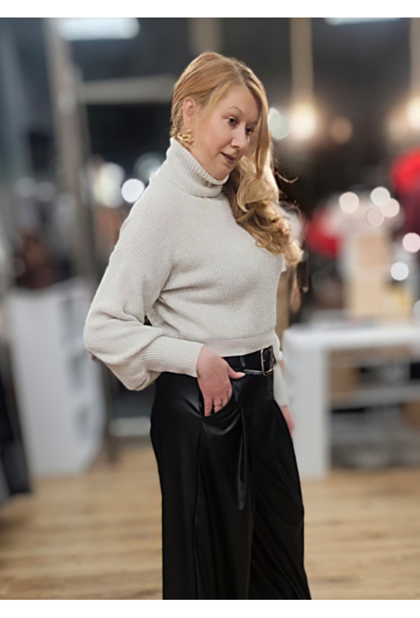 Πλεκτή Crop Μπλούζα Ζιβάγκο με Φαρδύ Μανίκι – Off White με Ασημί Lurex