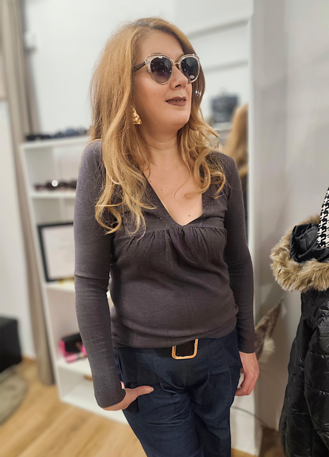 Πλεκτή Μπλούζα με V Grey