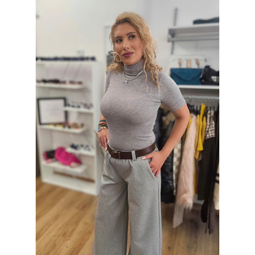 Πλεκτή Ελαστική Μπλούζα Ζιβάγκο με Κοντό Μανίκι Grey