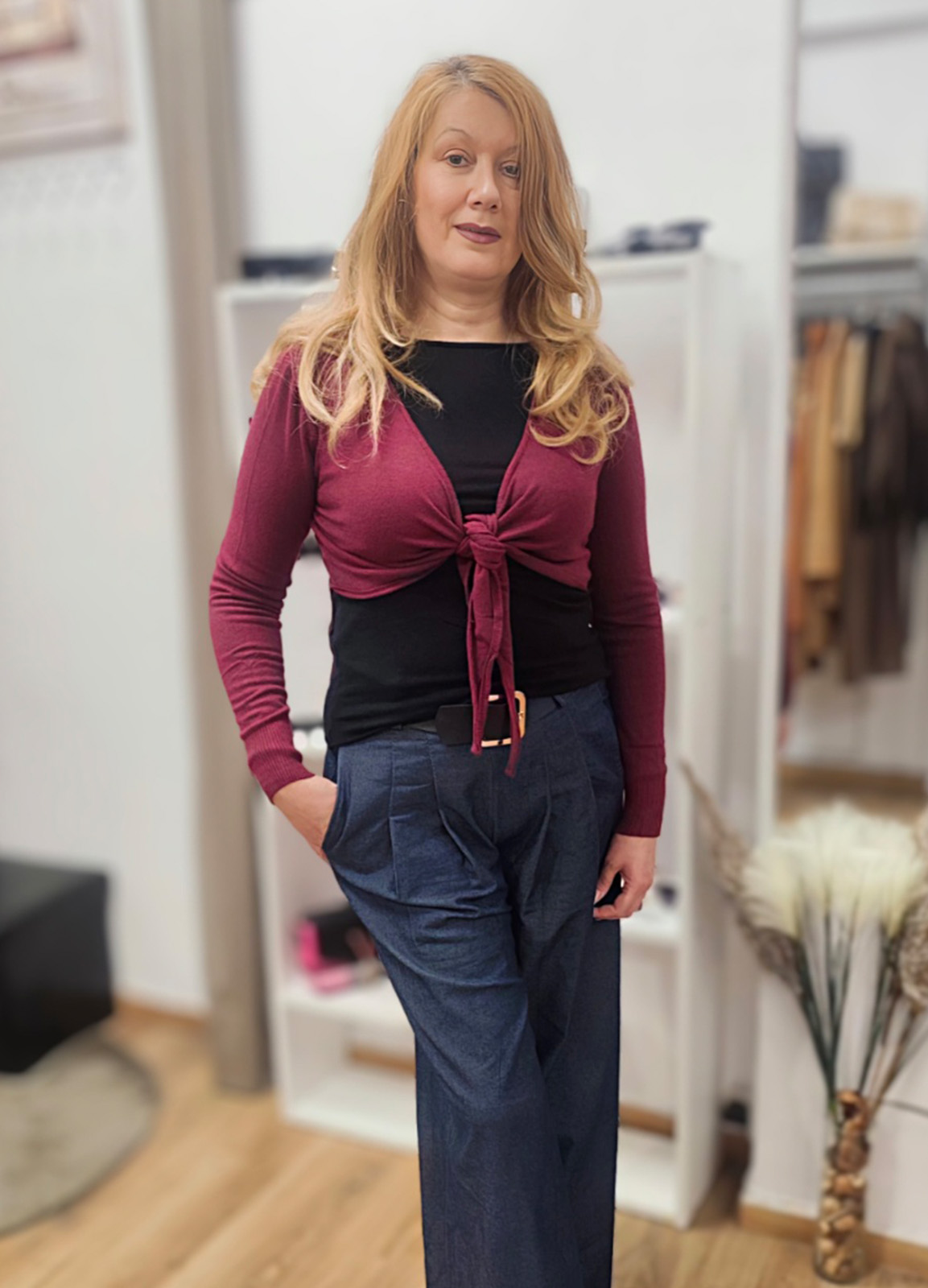 Πλεκτή Ζακέτα Crop Bordo