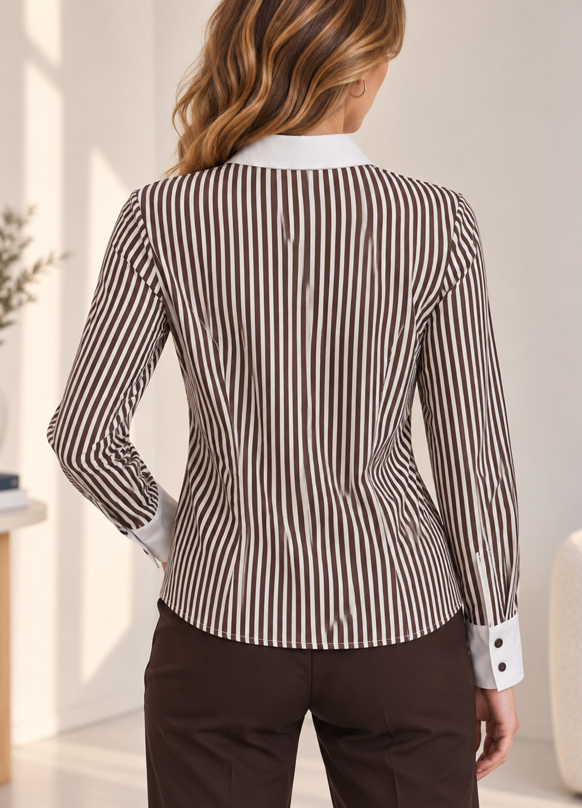 Ριγέ Slim Fit Πουκάμισο με Λευκό Γιακά & Μανσέτες Brown