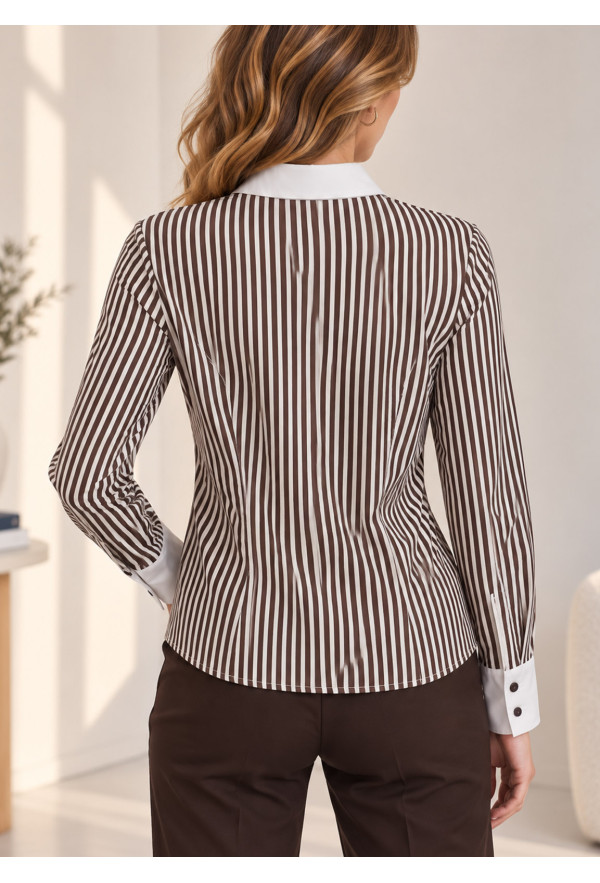 Ριγέ Slim Fit Πουκάμισο με Λευκό Γιακά & Μανσέτες Brown