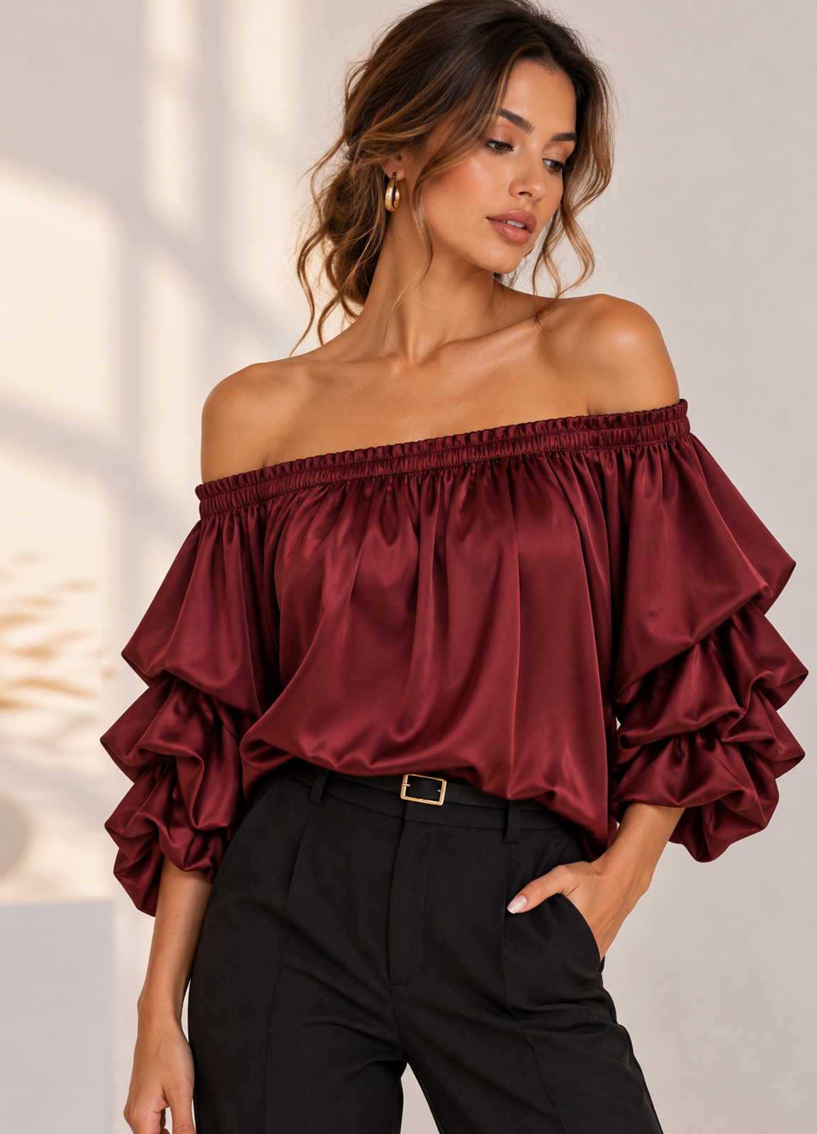 Σατέν Μπλούζα Off Shoulder με Εντυπωσιακά Μανίκια – Μπορντό
