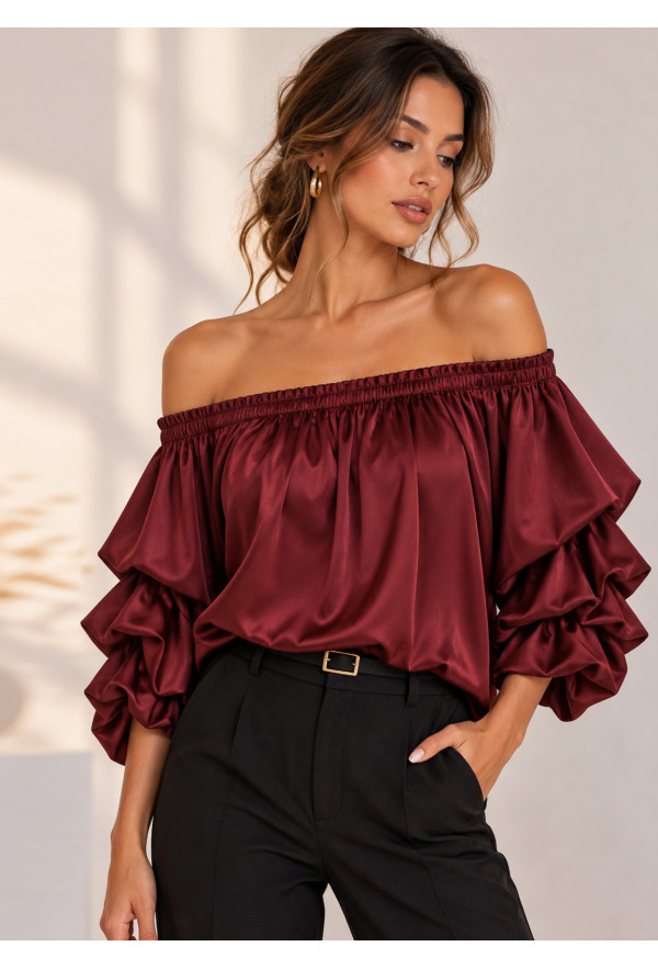 Σατέν Μπλούζα Off Shoulder με Εντυπωσιακά Μανίκια – Μπορντό