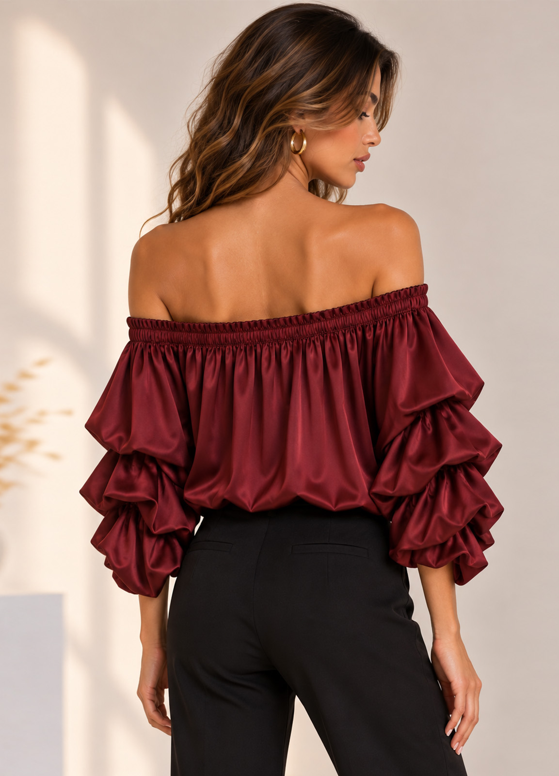 Σατέν Μπλούζα Off Shoulder με Εντυπωσιακά Μανίκια – Μπορντό