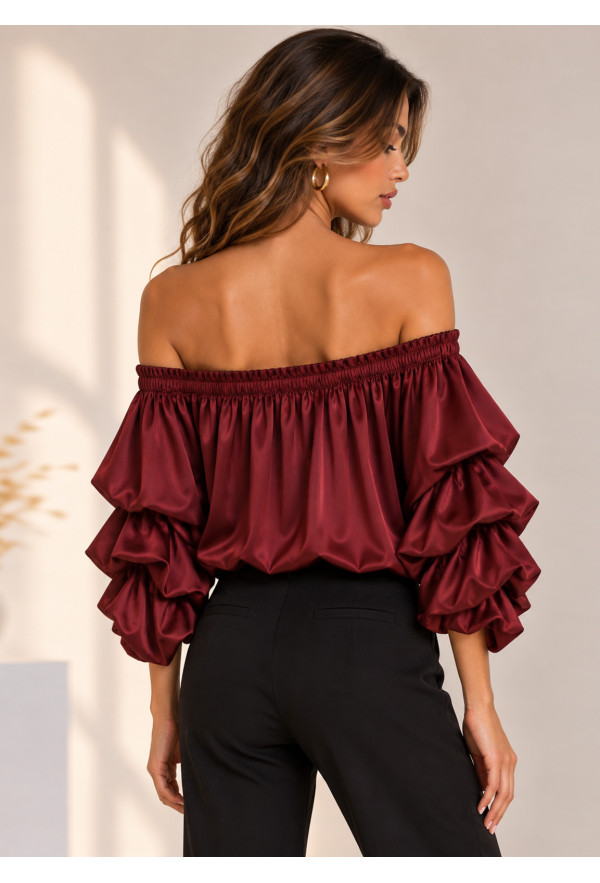 Σατέν Μπλούζα Off Shoulder με Εντυπωσιακά Μανίκια – Μπορντό