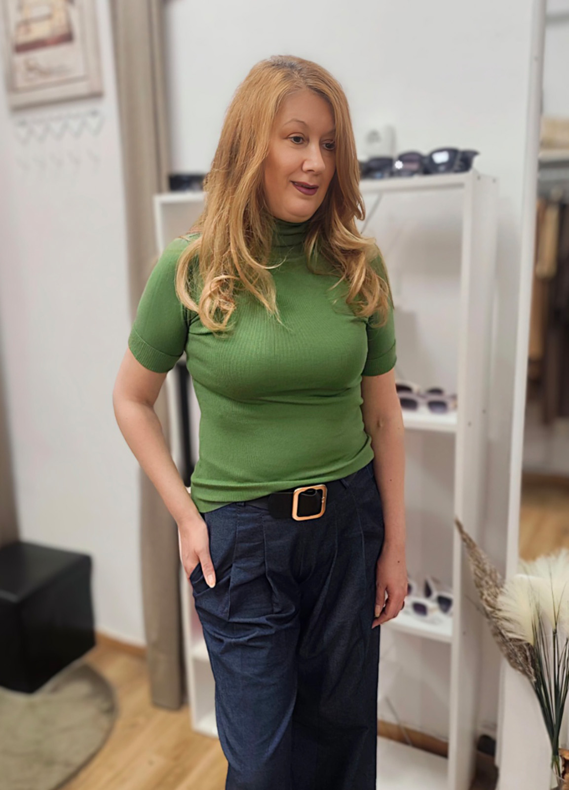 Πλεκτή Ελαστική Μπλούζα Ζιβάγκο με Κοντό Μανίκι Green