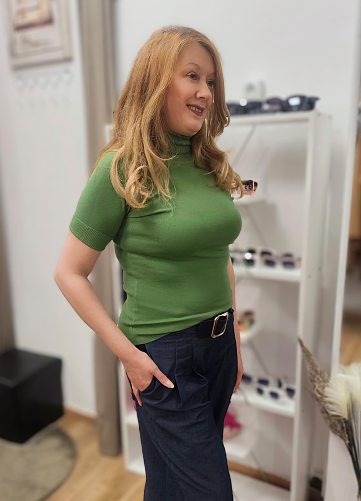 Πλεκτή Ελαστική Μπλούζα Ζιβάγκο με Κοντό Μανίκι Green