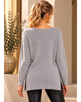 Πλεκτή Μπλούζα Oversized Γκρι με Τσέπες και Πλαϊνά Ανοίγματα
