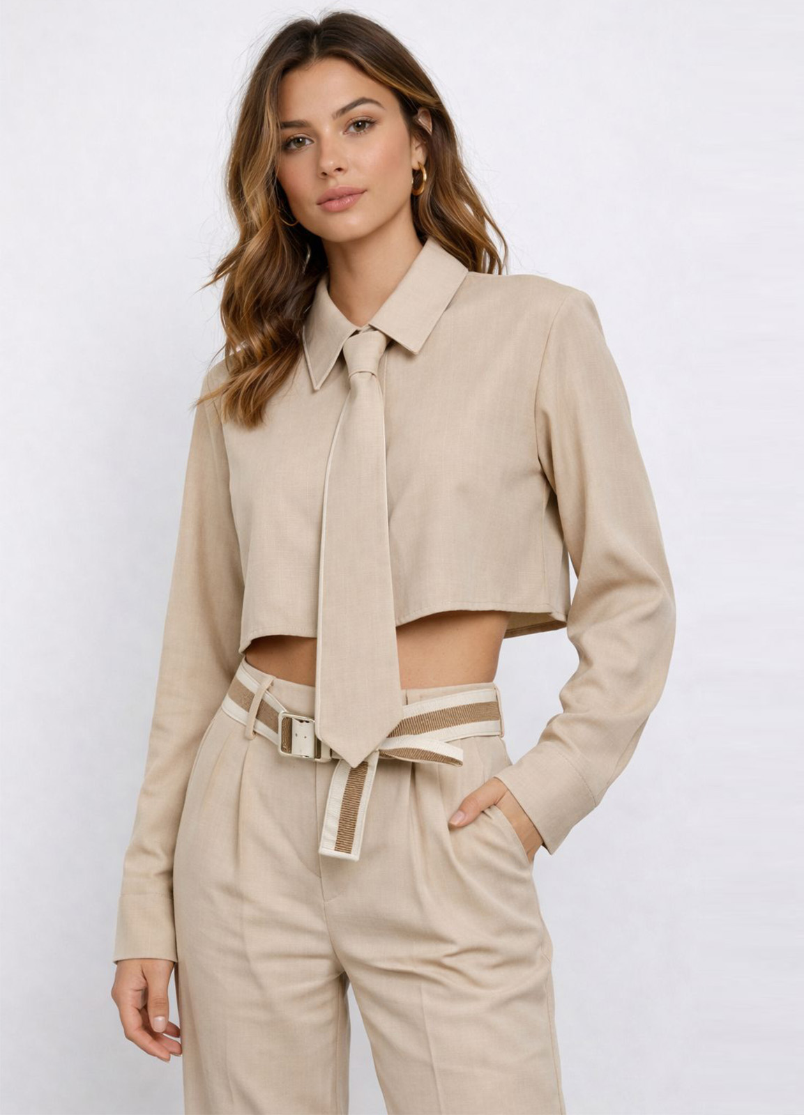 Πουκάμισο Cropped με Γιακά & Γραβάτα – Μπεζ