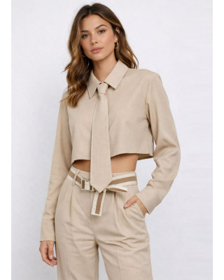 Πουκάμισο Cropped με Γιακά & Γραβάτα – Μπεζ
