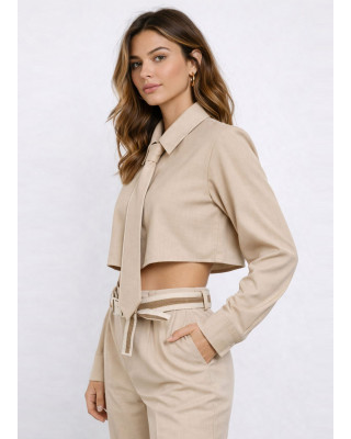 Πουκάμισο Cropped με Γιακά & Γραβάτα – Μπεζ