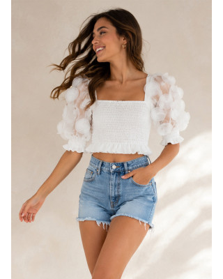 Crop Μπλούζα με Ανάγλυφα Floral Φουσκωτά Μανίκια White
