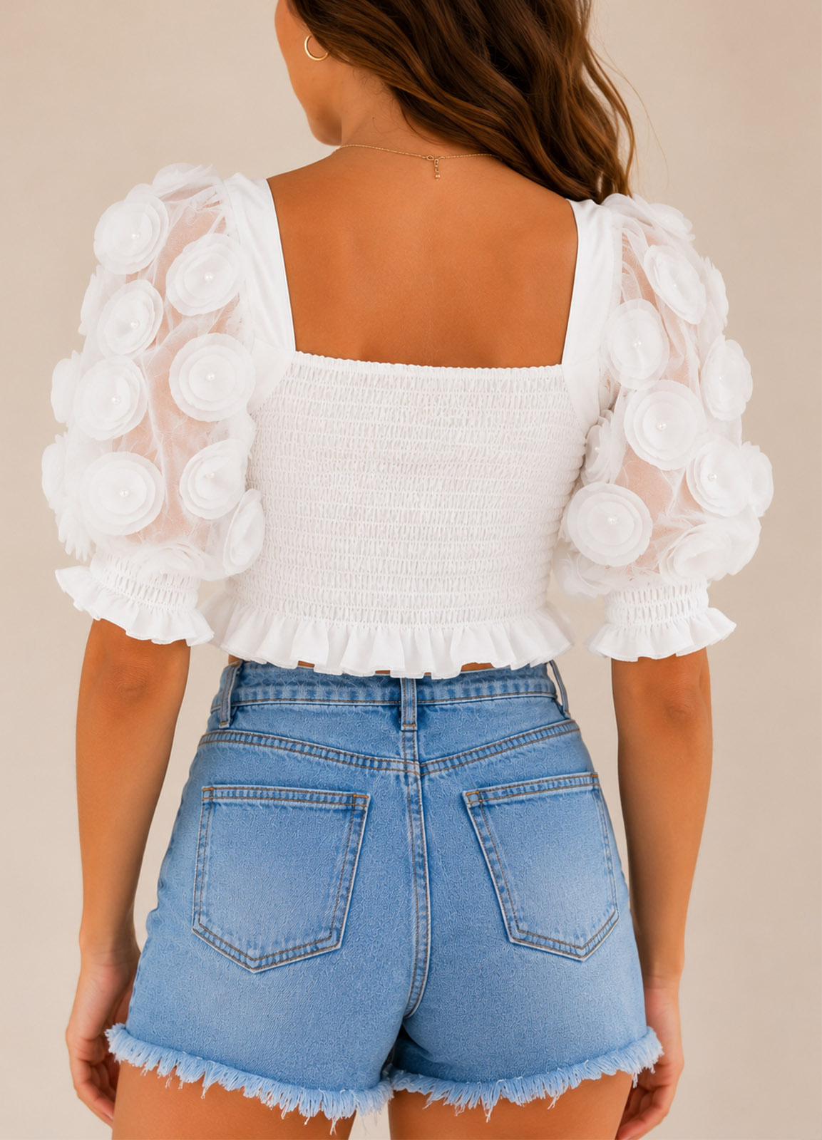 Crop Μπλούζα με Ανάγλυφα Floral Φουσκωτά Μανίκια White