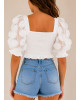 Crop Μπλούζα με Ανάγλυφα Floral Φουσκωτά Μανίκια White