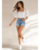 Crop Μπλούζα με Ανάγλυφα Floral Φουσκωτά Μανίκια White