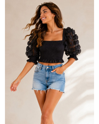 Crop Μπλούζα με Ανάγλυφα Floral Φουσκωτά Μανίκια Black