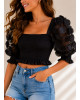 Crop Μπλούζα με Ανάγλυφα Floral Φουσκωτά Μανίκια Black
