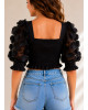 Crop Μπλούζα με Ανάγλυφα Floral Φουσκωτά Μανίκια Black