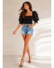 Crop Μπλούζα με Ανάγλυφα Floral Φουσκωτά Μανίκια Black