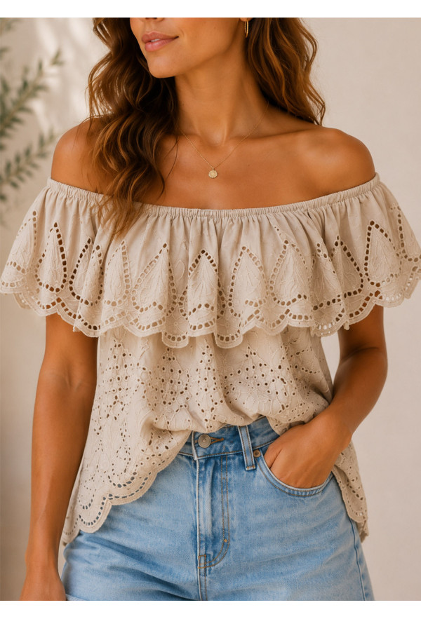 Μπλούζα Broderie Off-Shoulder με Βολάν